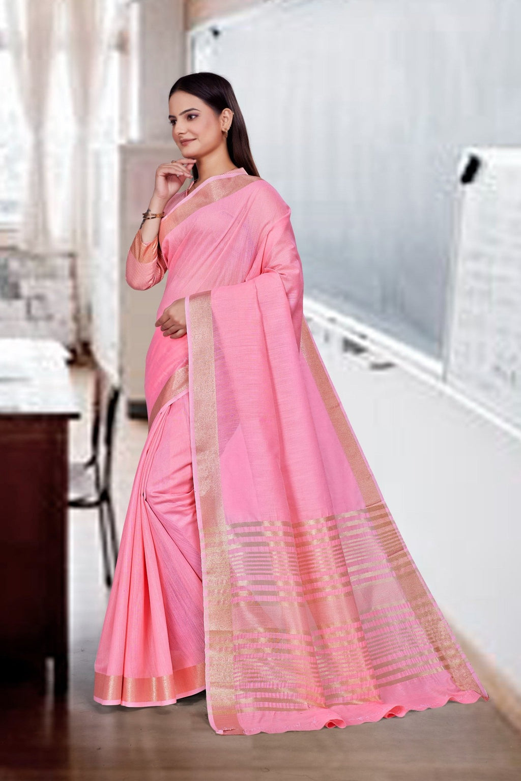 Pink Cotton Silk Business Saree for Professionals - FeministaCotton Silk