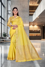 Yellow Cotton Silk Work Wear Uniform Saree - FeministaCotton Silk