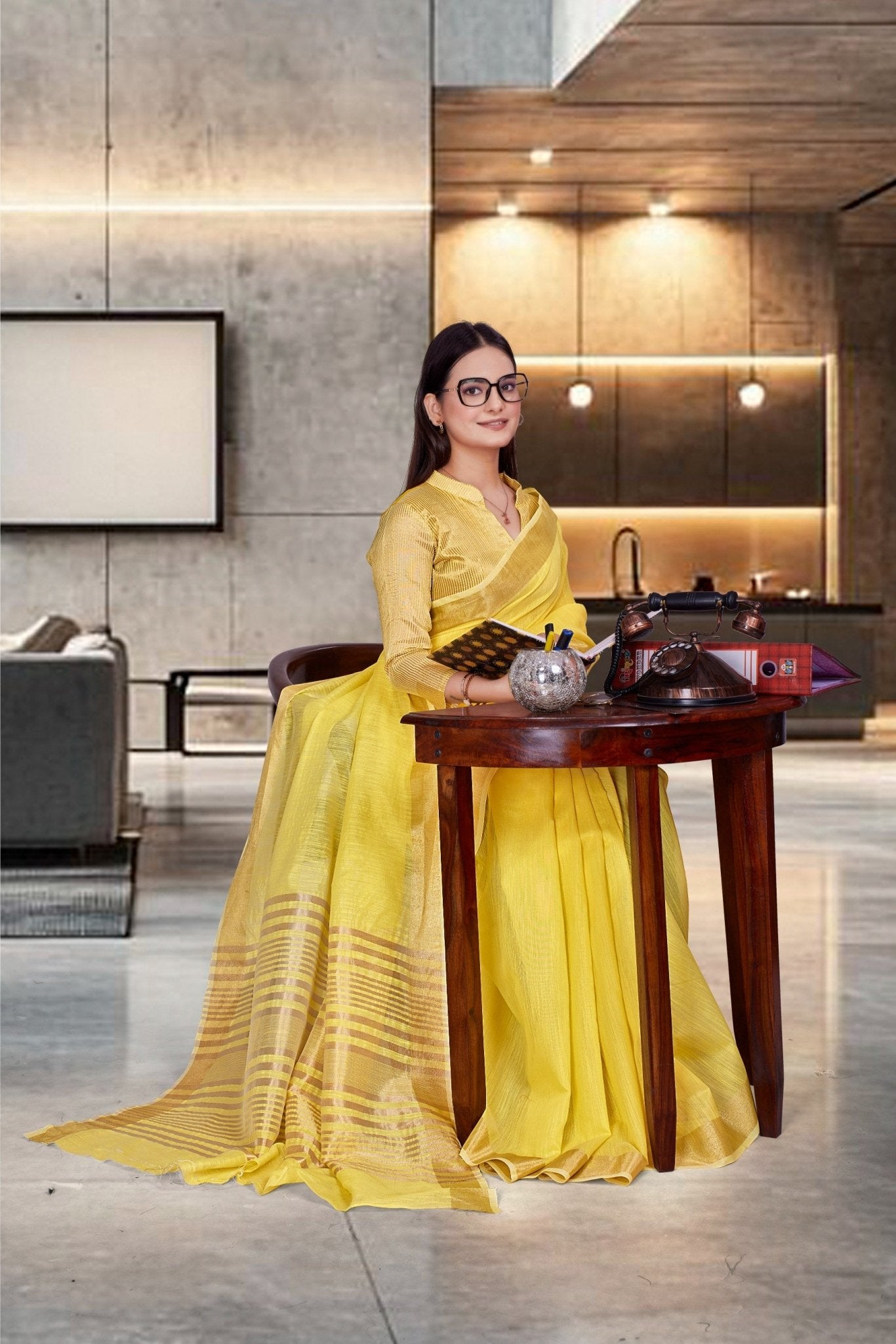 Yellow Cotton Silk Work Wear Uniform Saree - FeministaCotton Silk