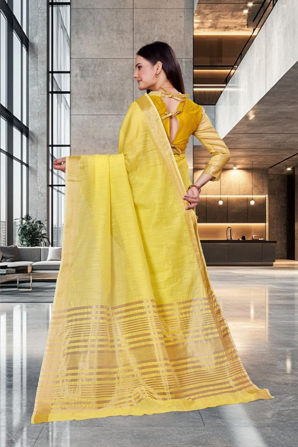 Yellow Cotton Silk Work Wear Uniform Saree - FeministaCotton Silk
