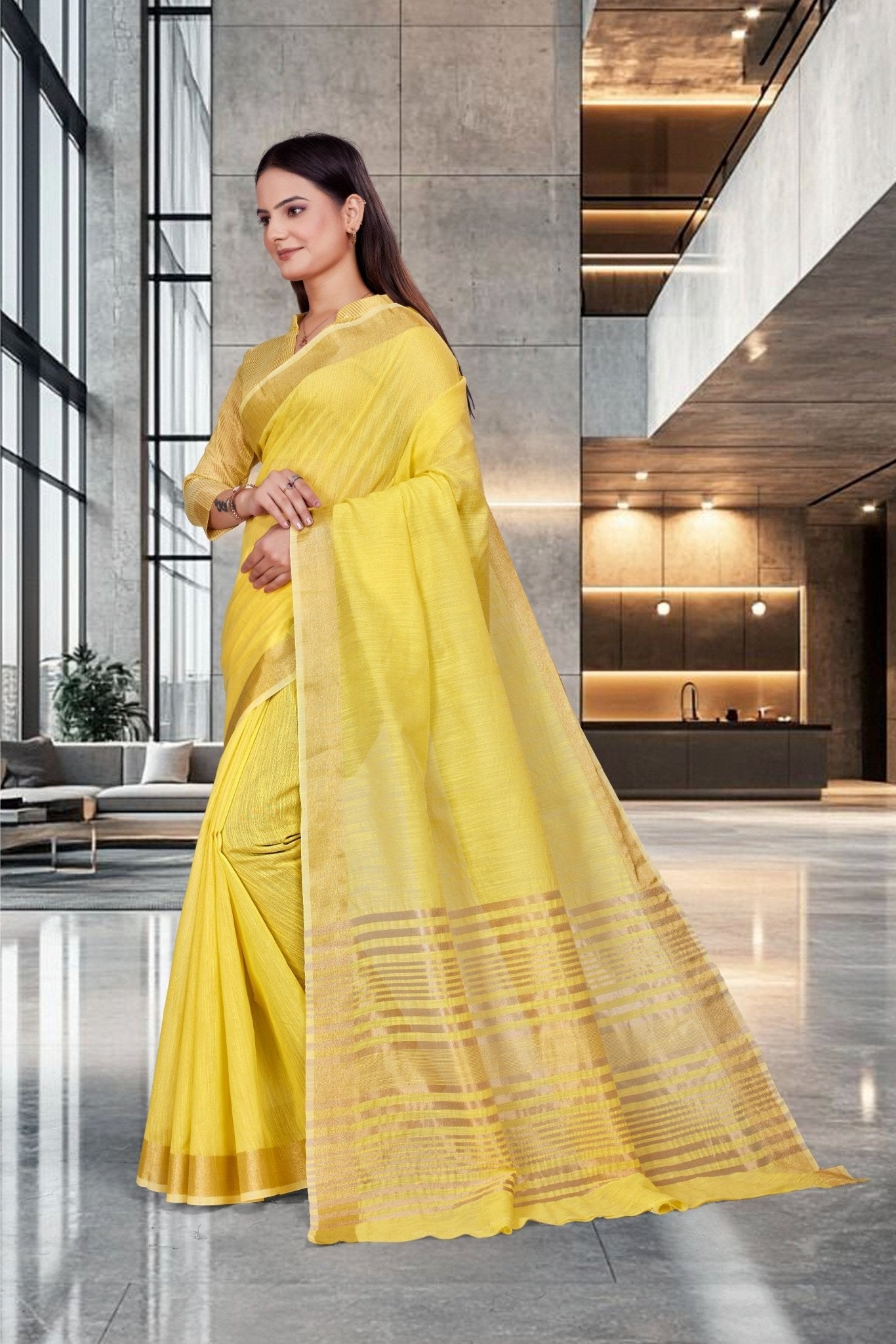 Yellow Cotton Silk Work Wear Uniform Saree - FeministaCotton Silk