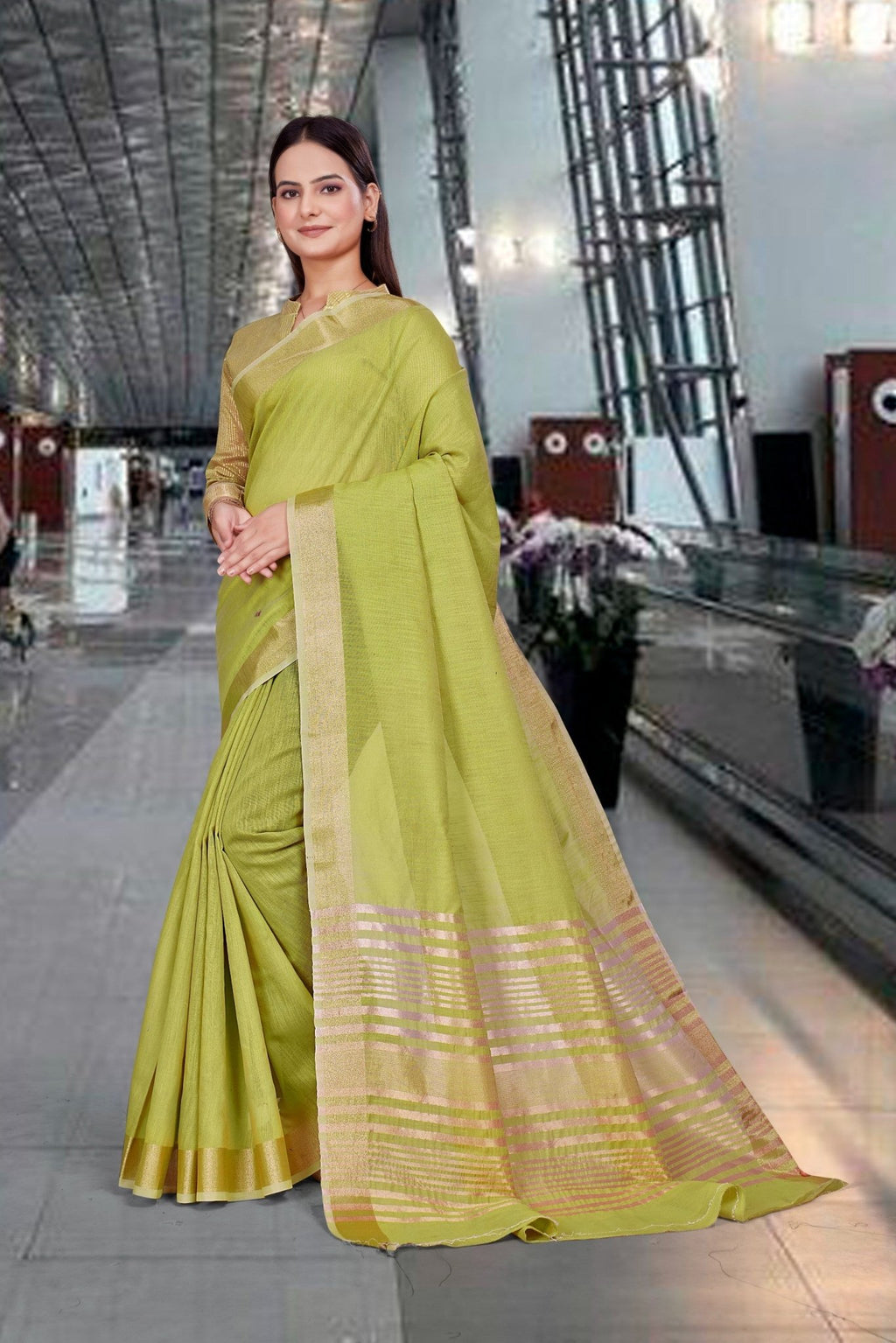 Light Green Cotton Silk Workplace Formal Saree - FeministaCotton Silk