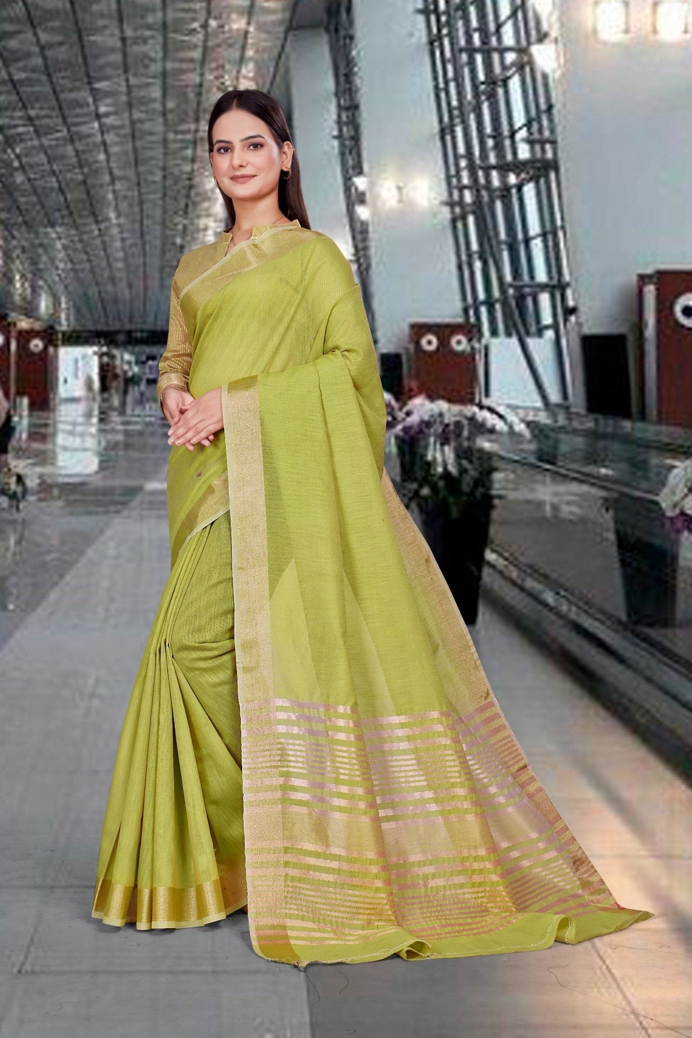 Light Green Cotton Silk Workplace Formal Saree - FeministaCotton Silk