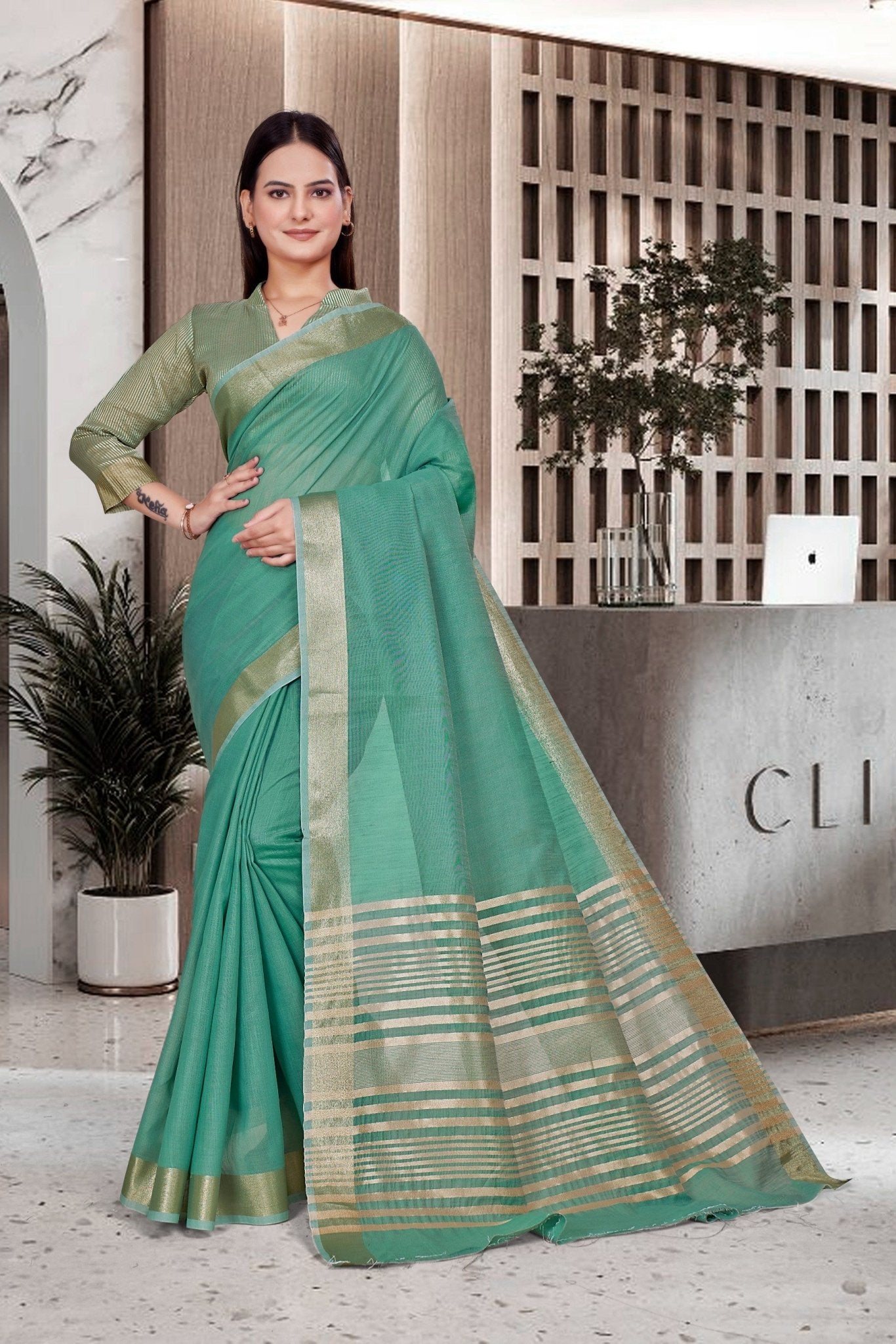 Blue Cotton Silk Work Wear Uniform Saree - FeministaCotton Silk
