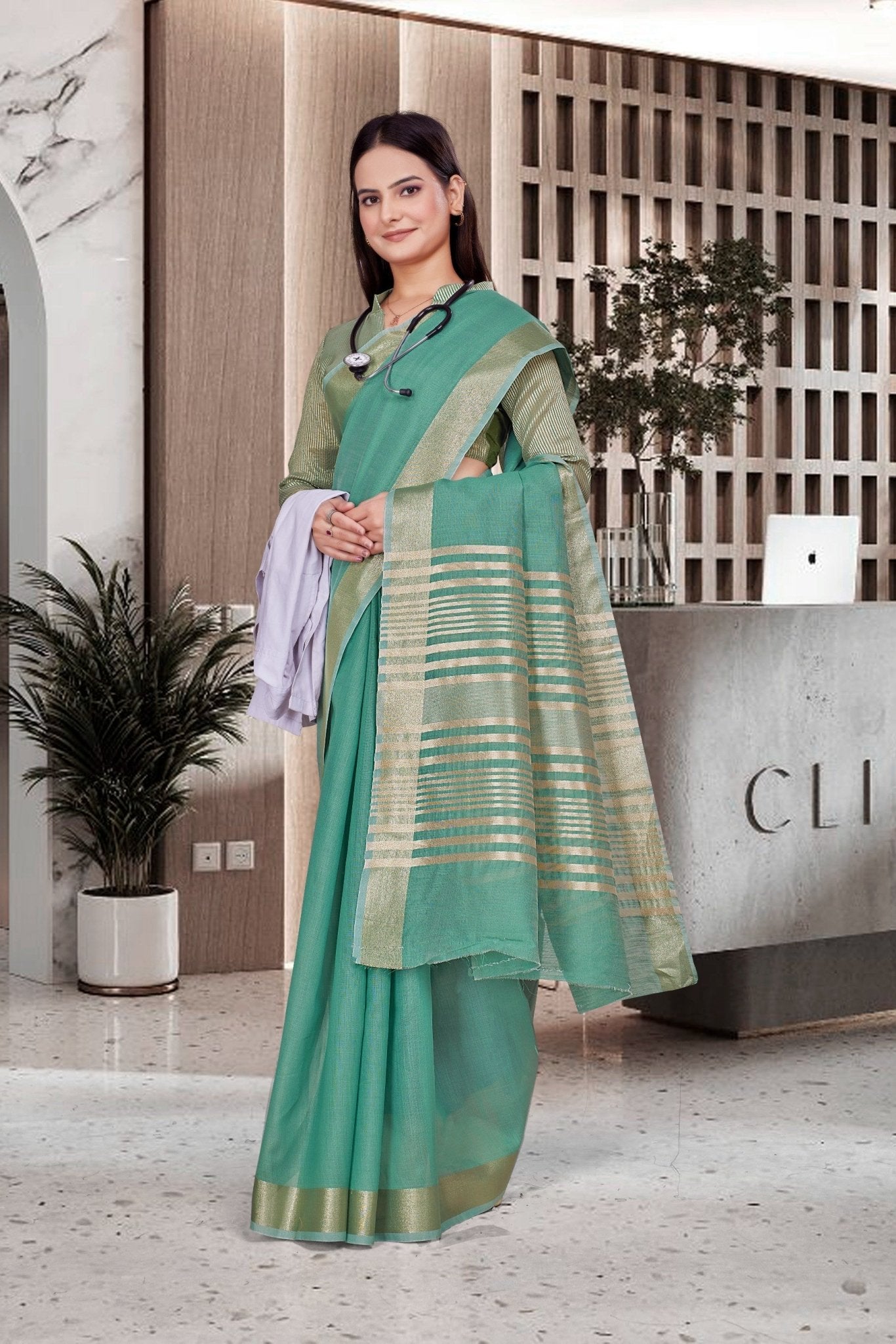 Blue Cotton Silk Work Wear Uniform Saree - FeministaCotton Silk