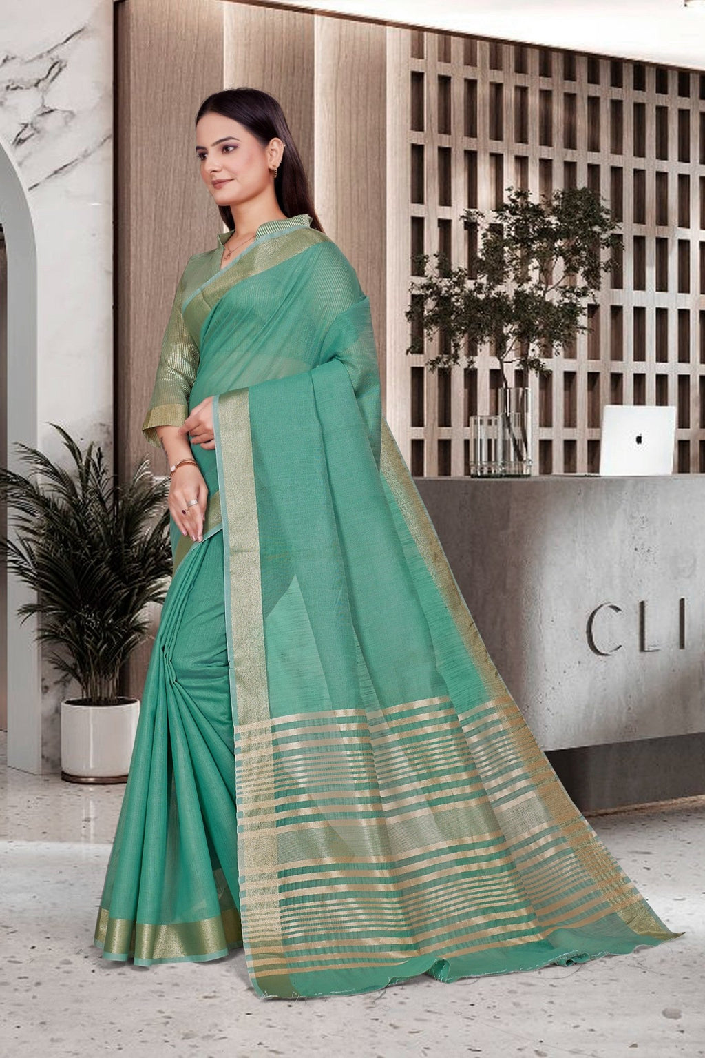 Blue Cotton Silk Work Wear Uniform Saree - FeministaCotton Silk