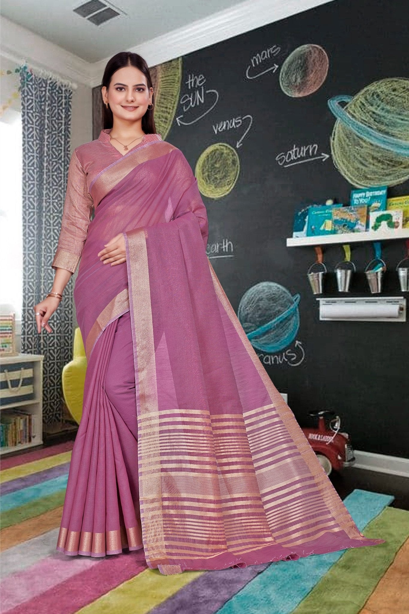 Pink Cotton Silk Staff Professional Saree - FeministaCotton Silk