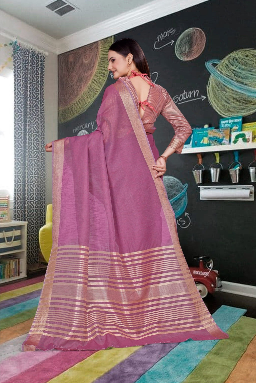 Pink Cotton Silk Staff Professional Saree - FeministaCotton Silk
