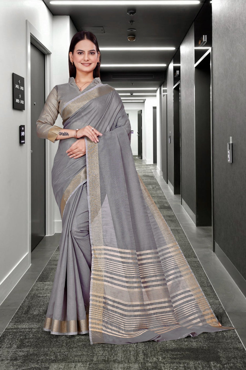 Grey Cotton Silk Work Wear Saree for Teachers - FeministaCotton Silk
