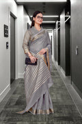 Grey Cotton Silk Work Wear Saree for Teachers - FeministaCotton Silk