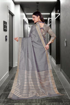 Grey Cotton Silk Work Wear Saree for Teachers - FeministaCotton Silk