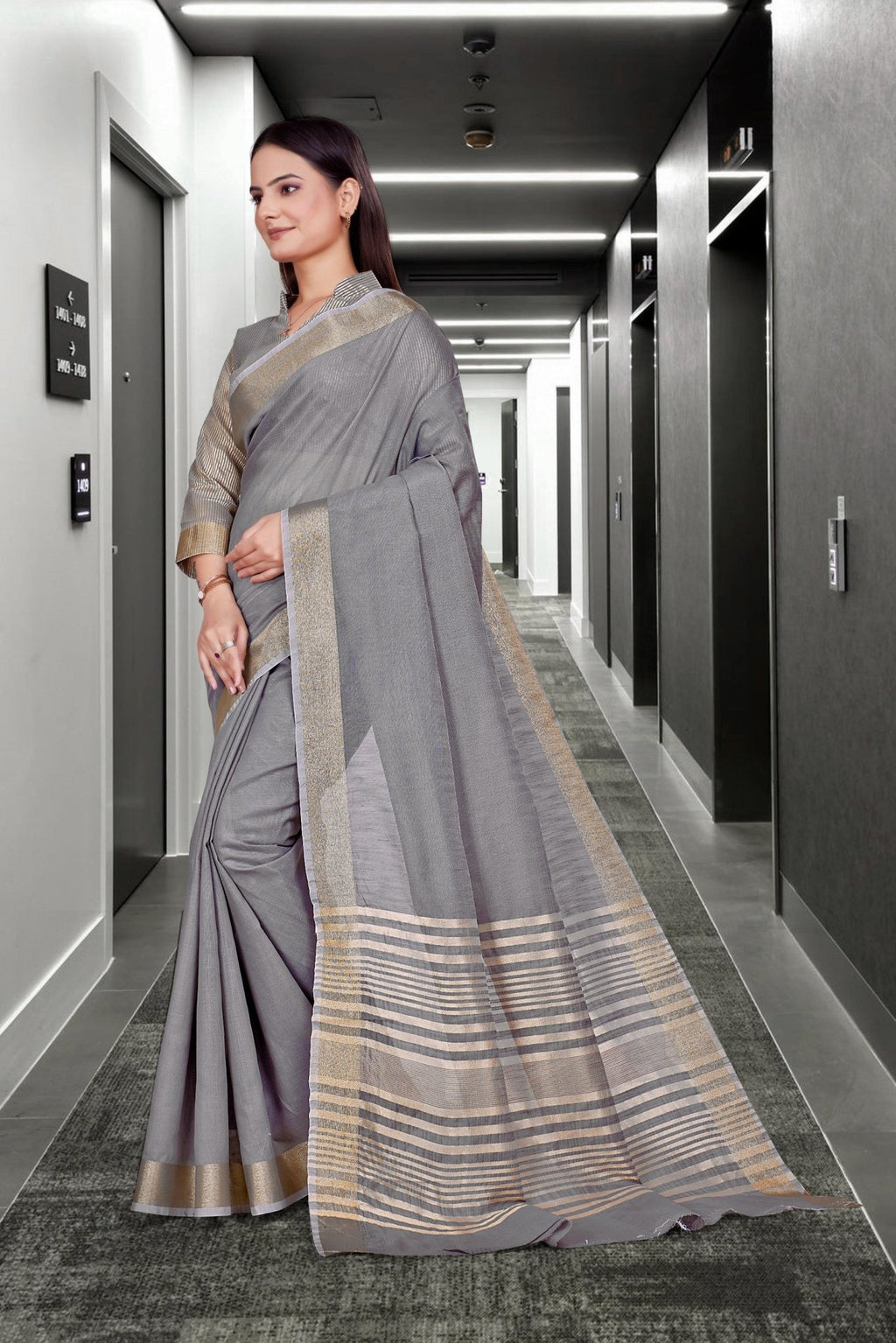 Grey Cotton Silk Work Wear Saree for Teachers - FeministaCotton Silk