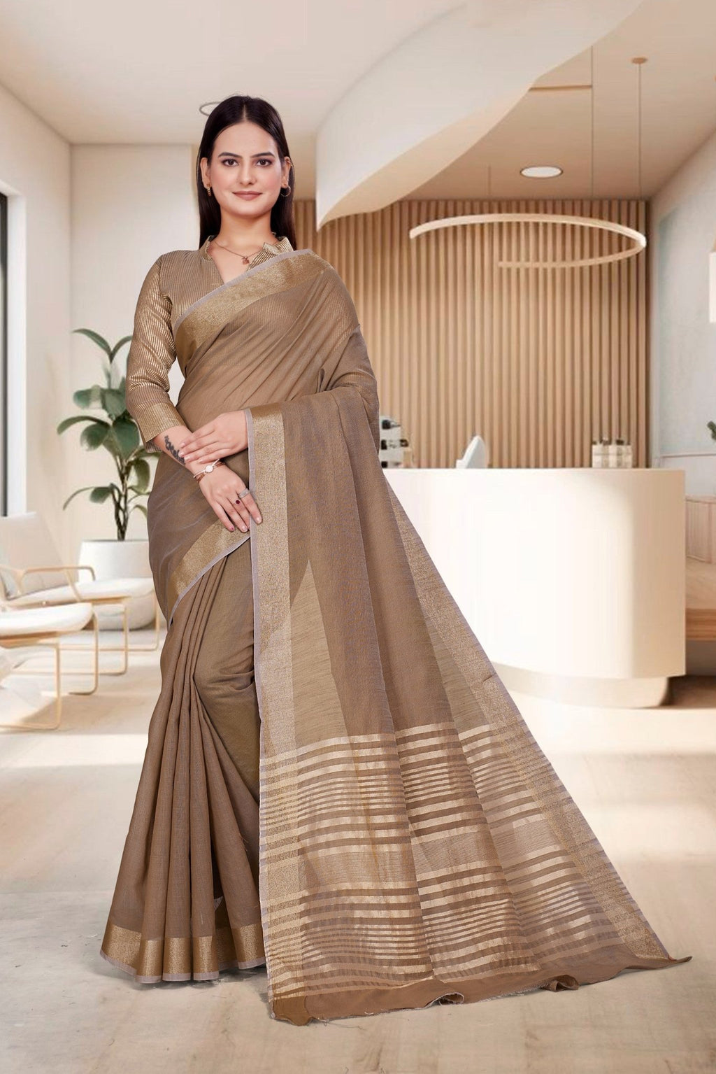 Beige Cotton Silk Professional Office Saree - FeministaCotton Silk