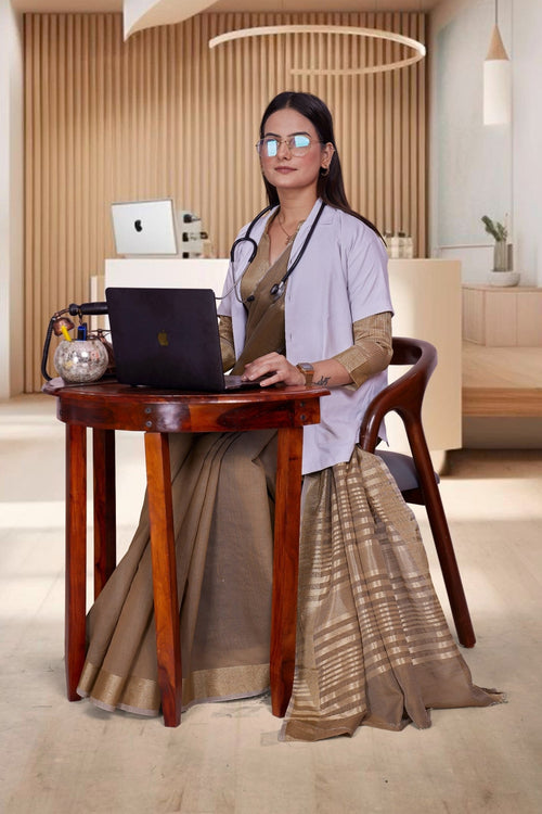 Beige Cotton Silk Professional Office Saree - FeministaCotton Silk