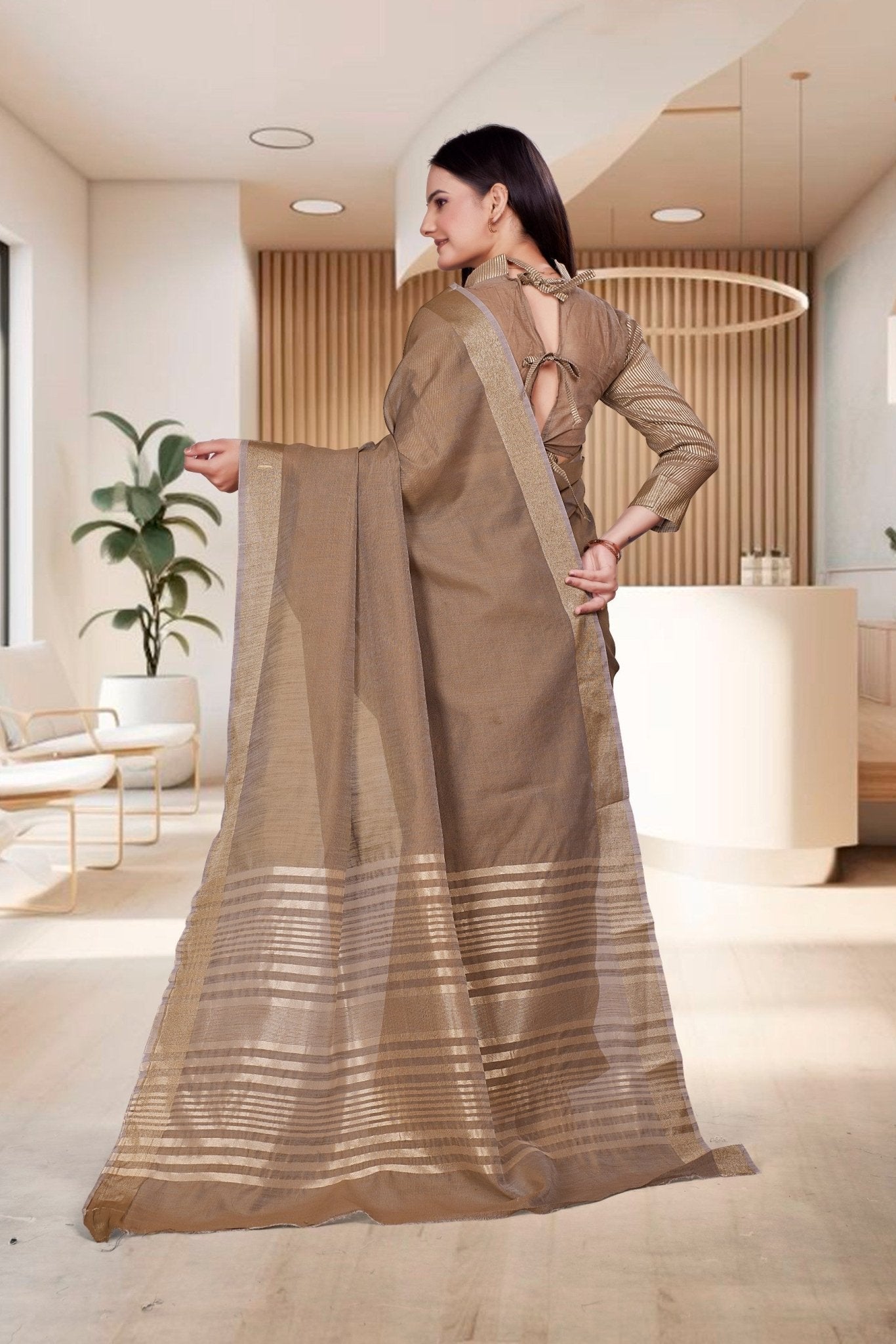 Beige Cotton Silk Professional Office Saree - FeministaCotton Silk