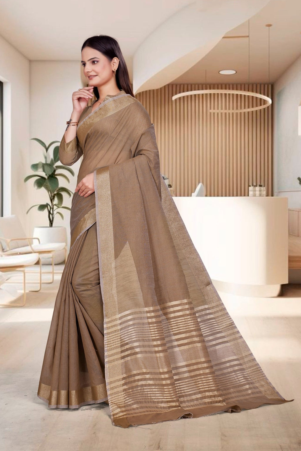 Beige Cotton Silk Professional Office Saree - FeministaCotton Silk