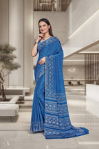 Blue Crepe Workplace Uniform Saree - FeministaCrepe