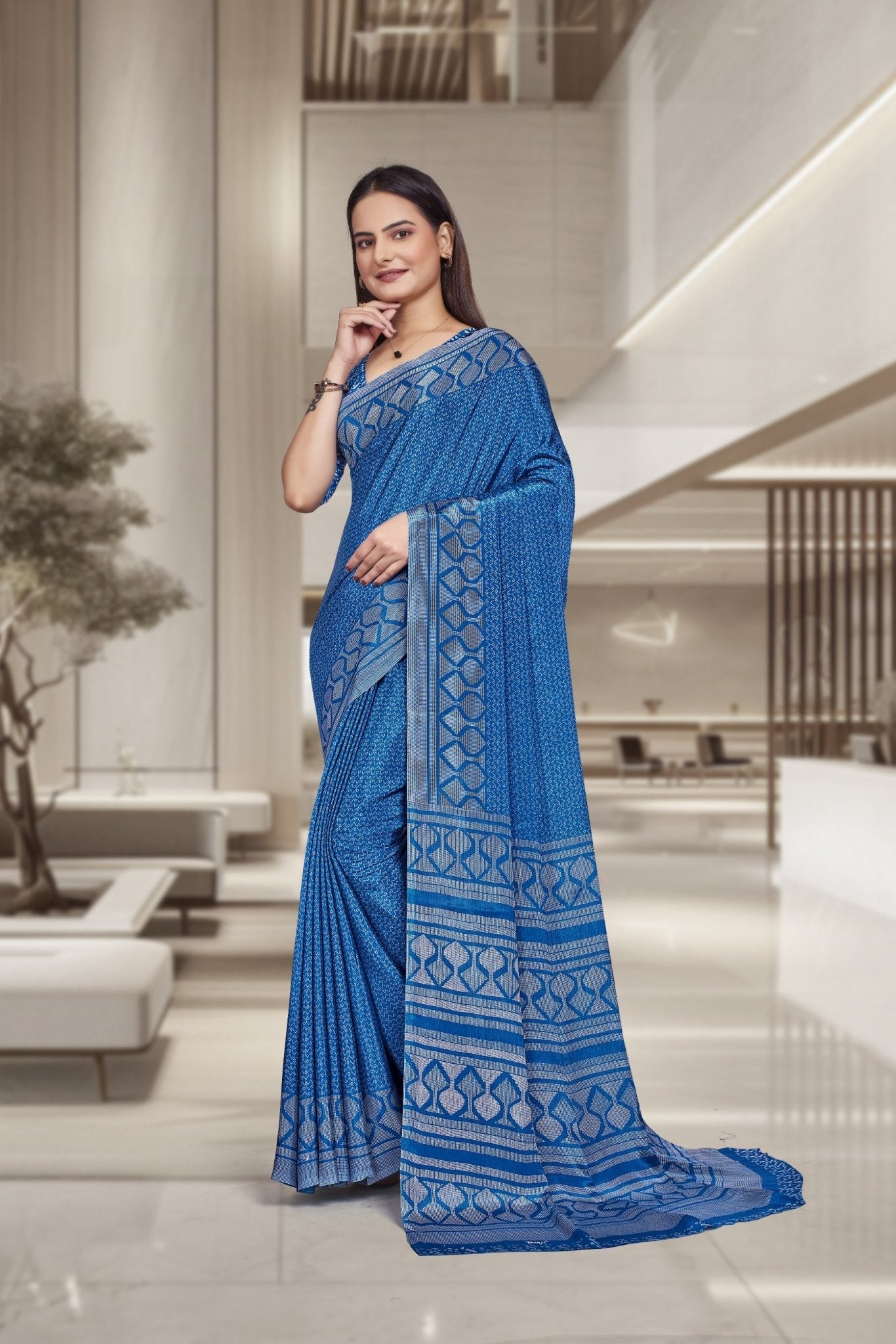Blue Crepe Workplace Uniform Saree - FeministaCrepe