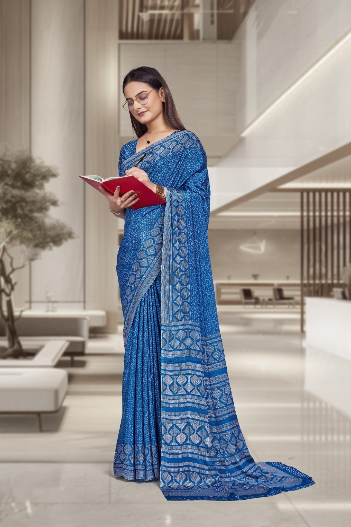 Blue Crepe Workplace Uniform Saree - FeministaCrepe
