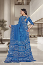 Blue Crepe Workplace Uniform Saree - FeministaCrepe