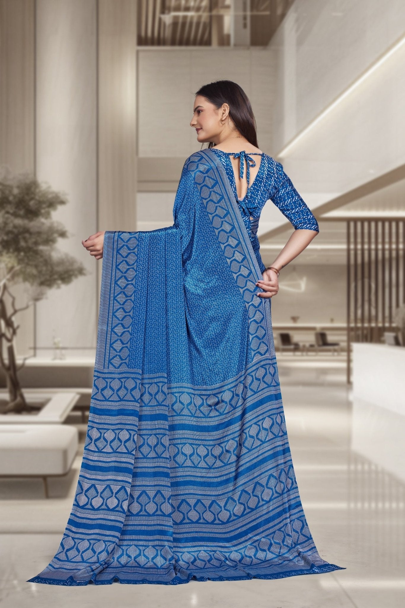 Blue Crepe Workplace Uniform Saree - FeministaCrepe