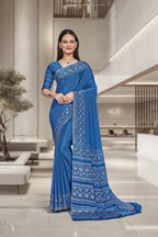 Blue Crepe Workplace Uniform Saree - FeministaCrepe