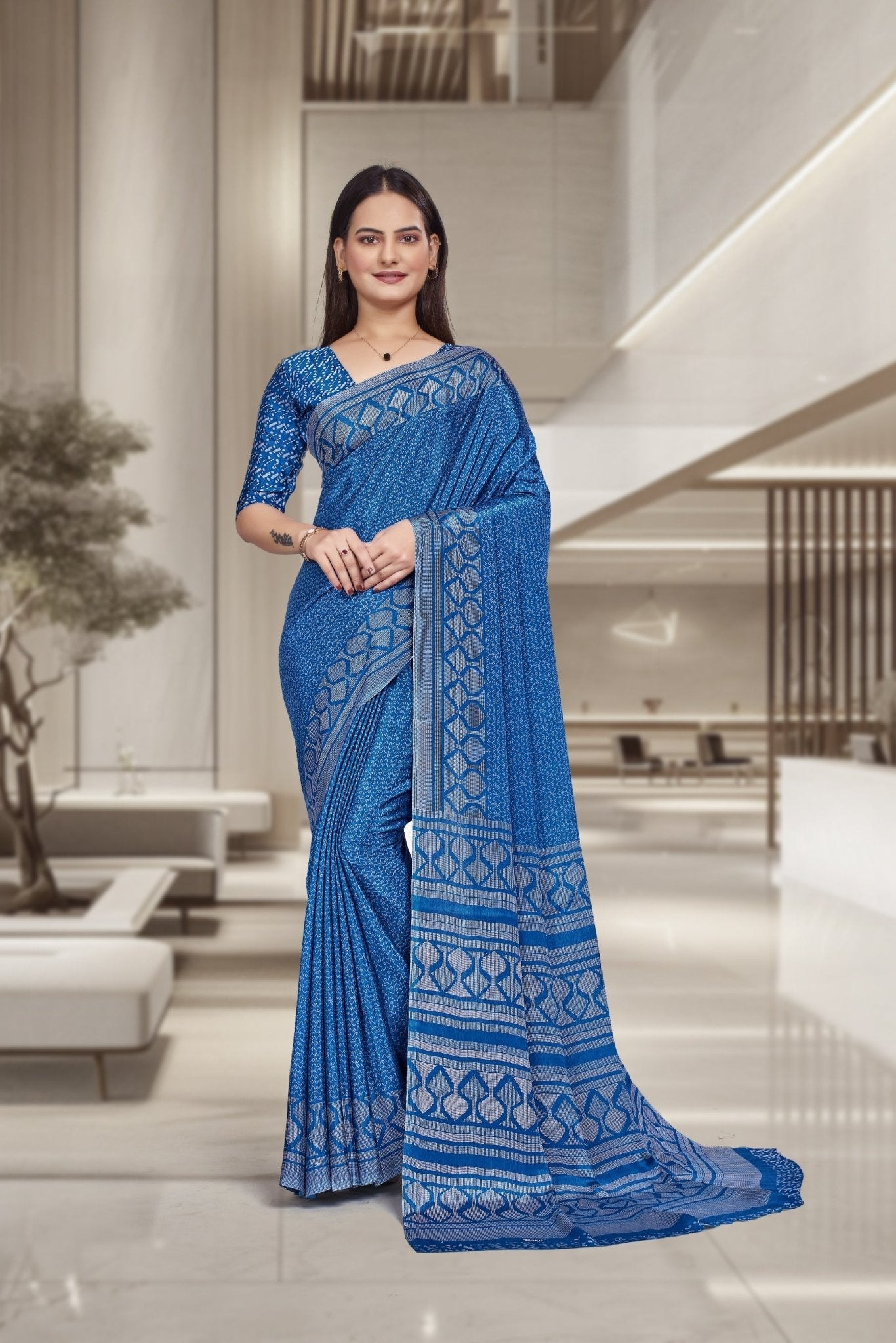 Blue Crepe Workplace Uniform Saree - FeministaCrepe