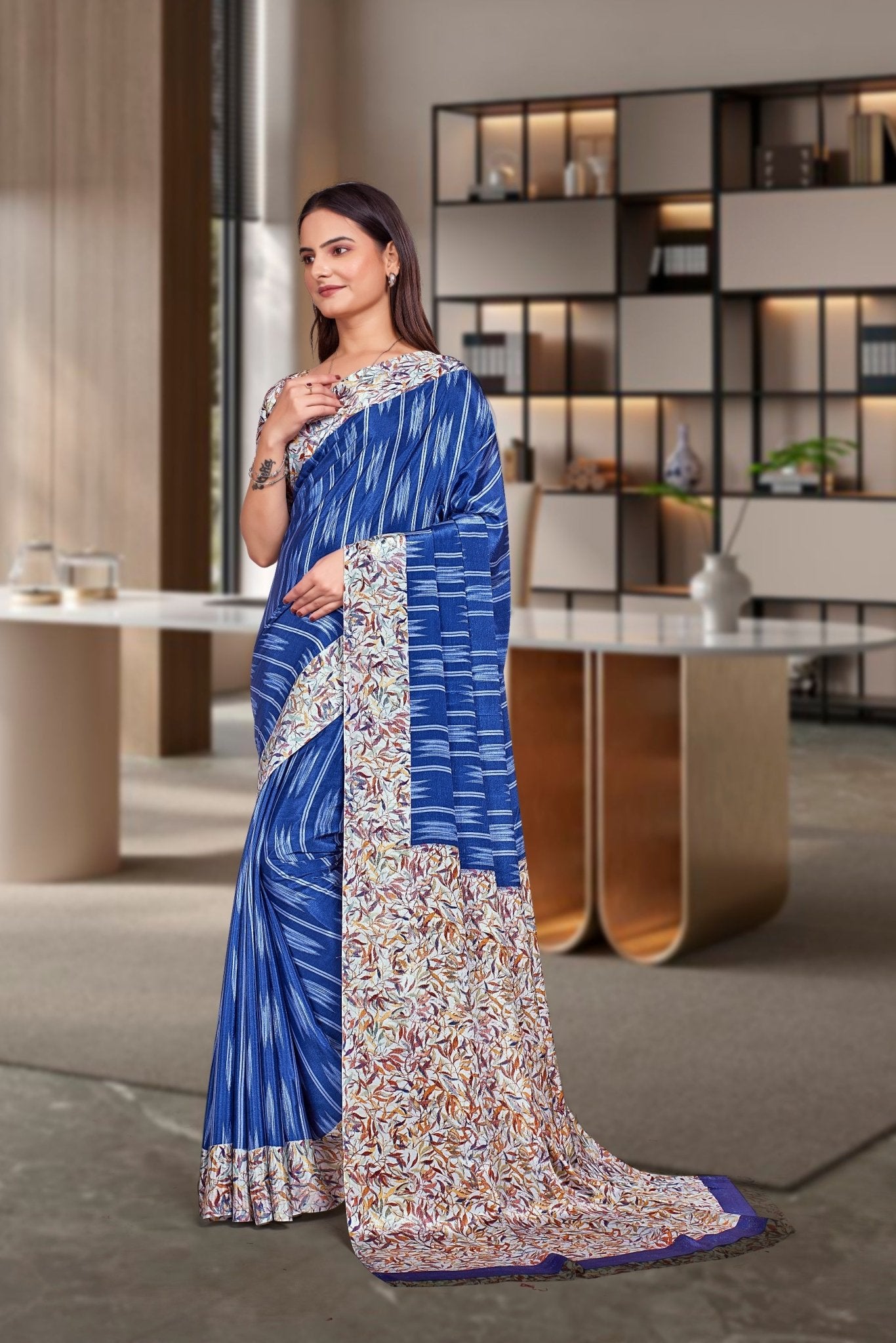 Blue Crepe Corporate Uniform Saree - FeministaCrepe