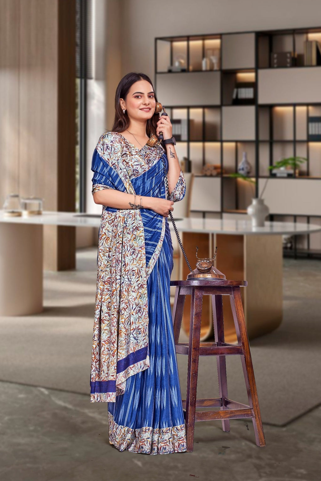 Blue Crepe Corporate Uniform Saree - FeministaCrepe