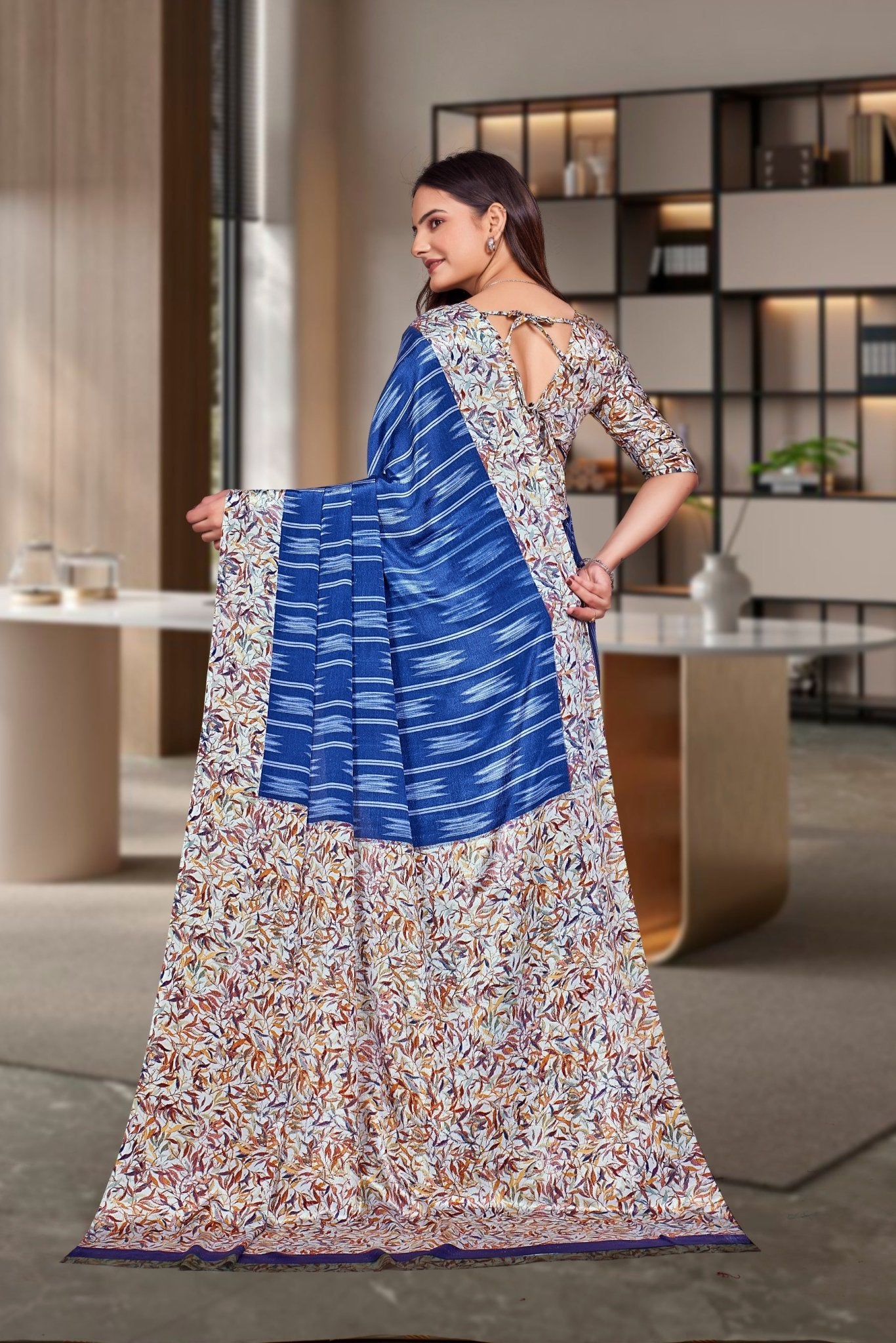 Blue Crepe Corporate Uniform Saree - FeministaCrepe