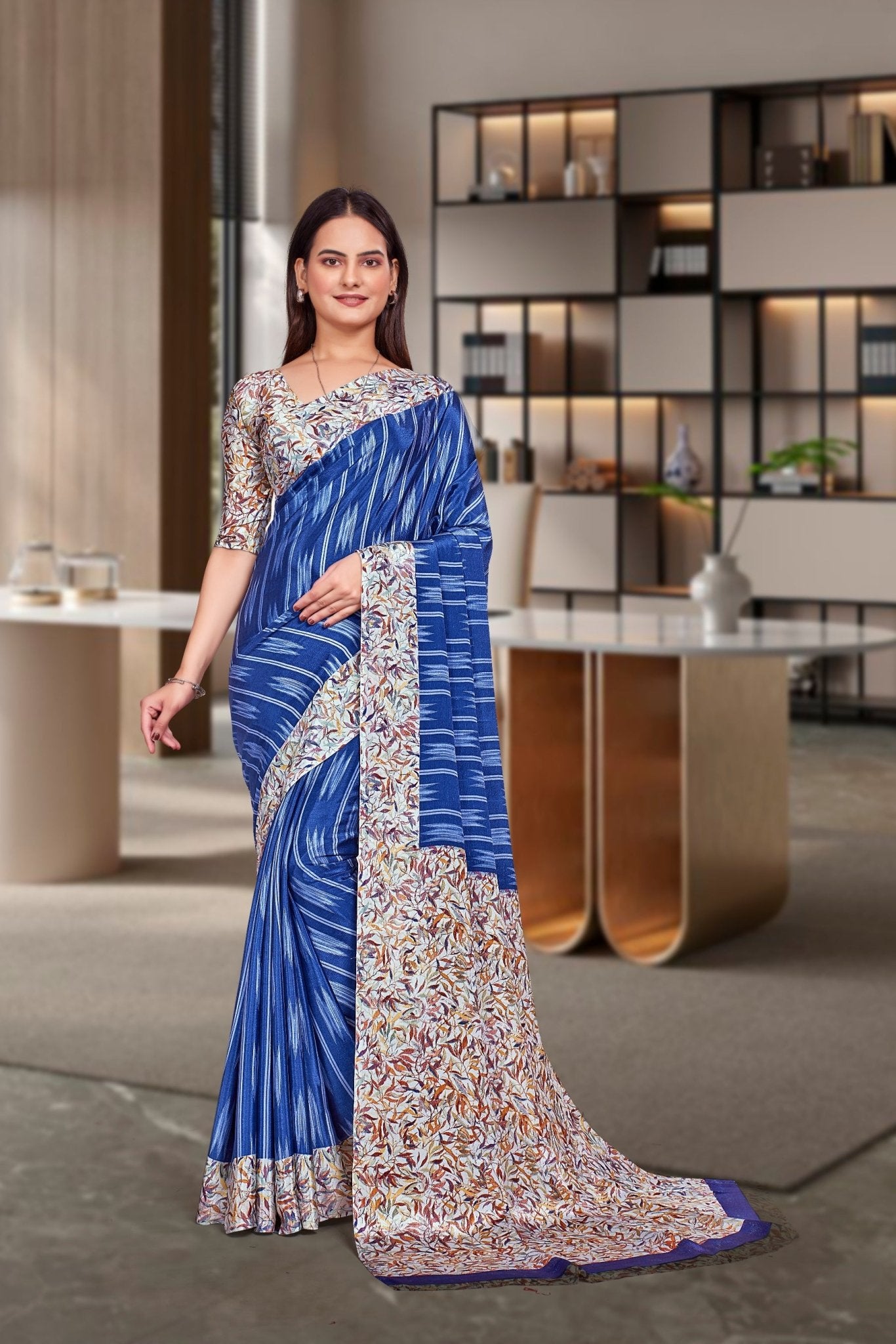 Blue Crepe Corporate Uniform Saree - FeministaCrepe