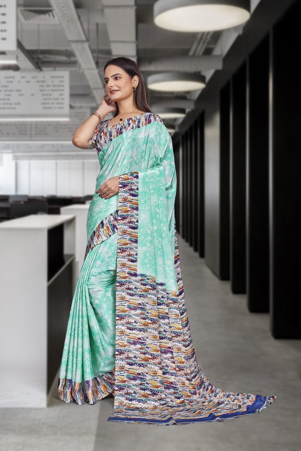 Green Crepe Professional Teacher Saree - FeministaCrepe