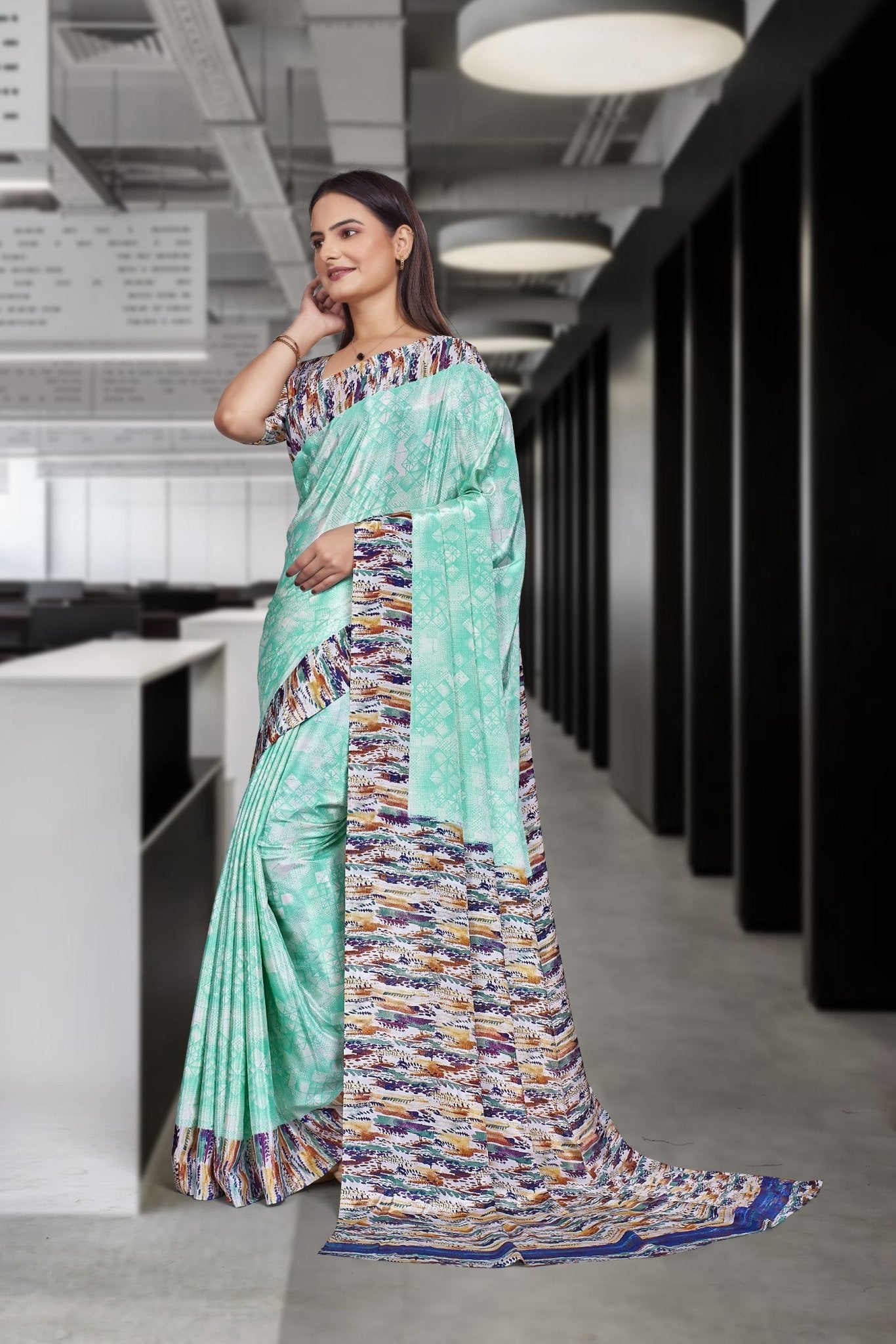 Green Crepe Professional Teacher Saree - FeministaCrepe