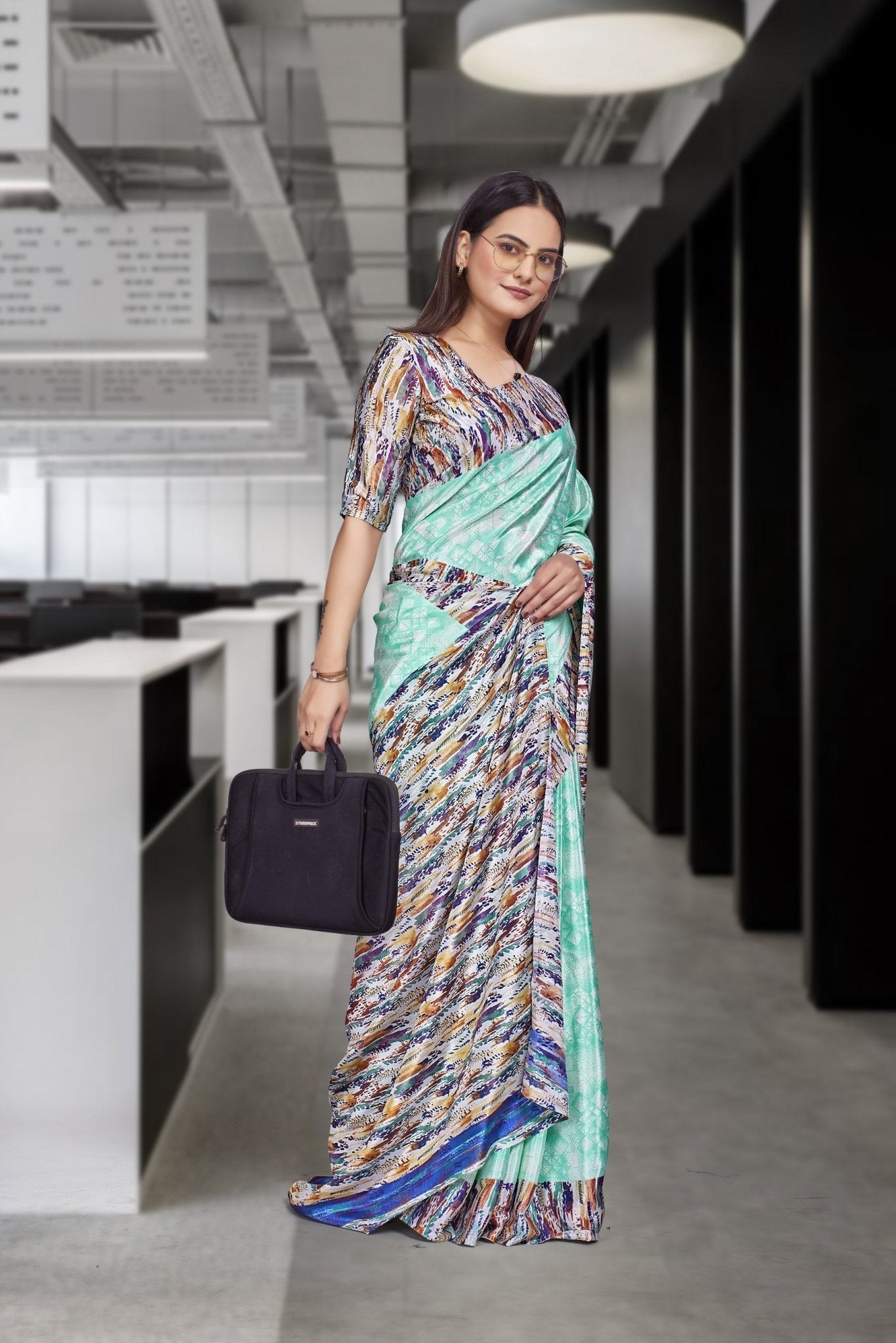 Green Crepe Professional Teacher Saree - FeministaCrepe