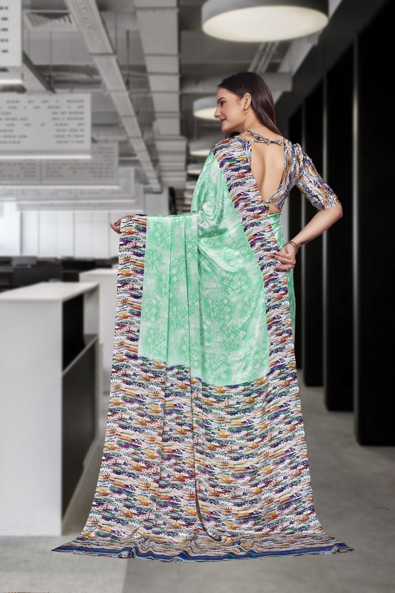 Green Crepe Professional Teacher Saree - FeministaCrepe