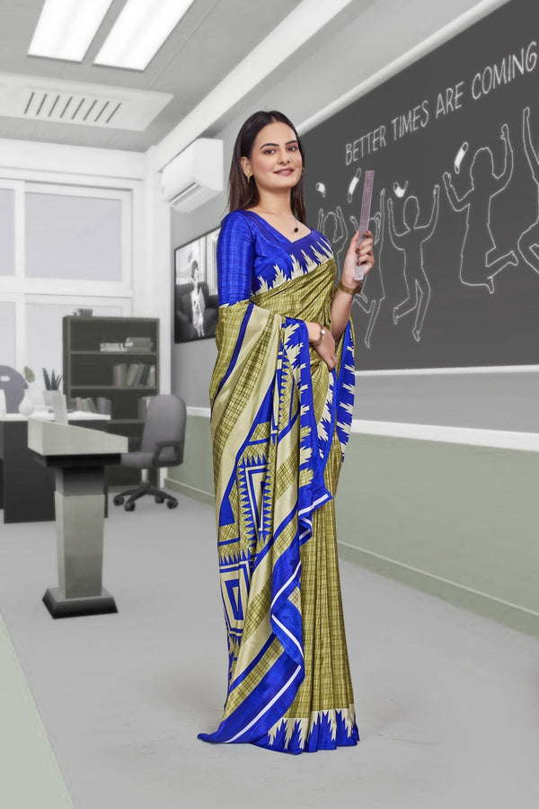 Light Green Crepe School Uniform Saree for Teachers - FeministaCrepe
