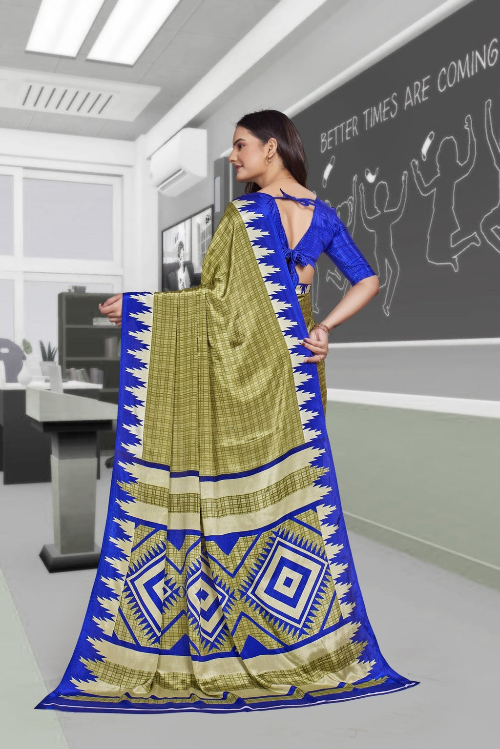Light Green Crepe School Uniform Saree for Teachers - FeministaCrepe