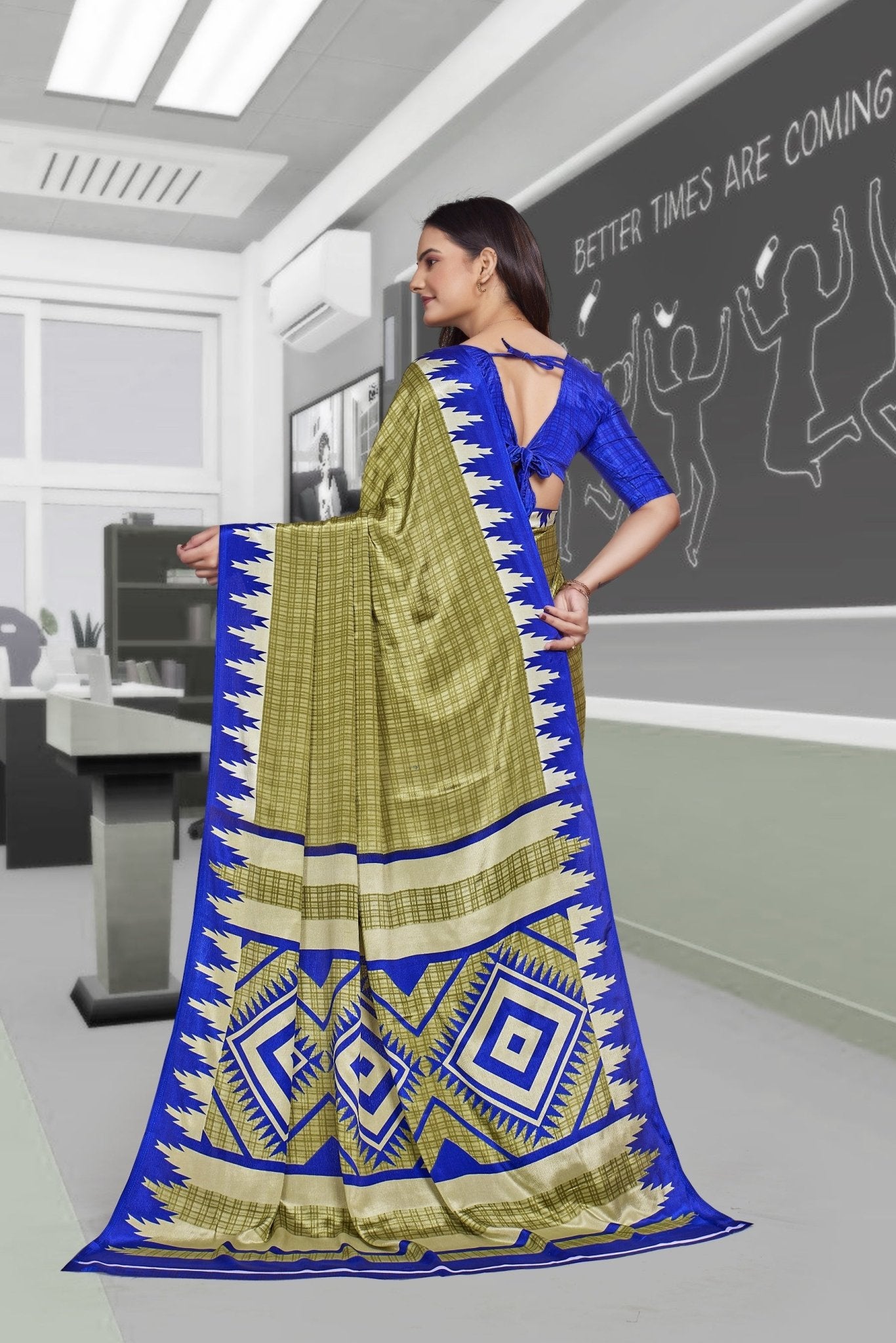 Light Green Crepe School Uniform Saree for Teachers - FeministaCrepe
