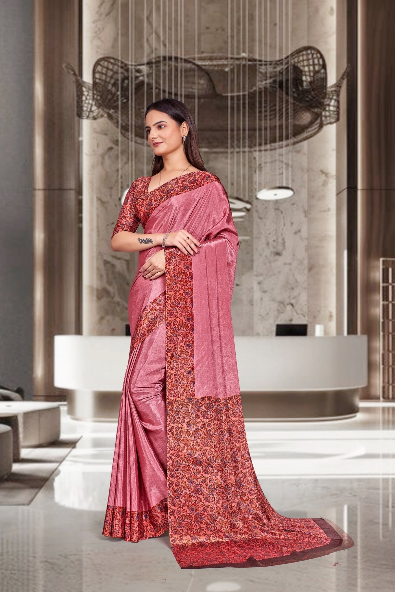 Pink Crepe Professional Office Saree - FeministaCrepe