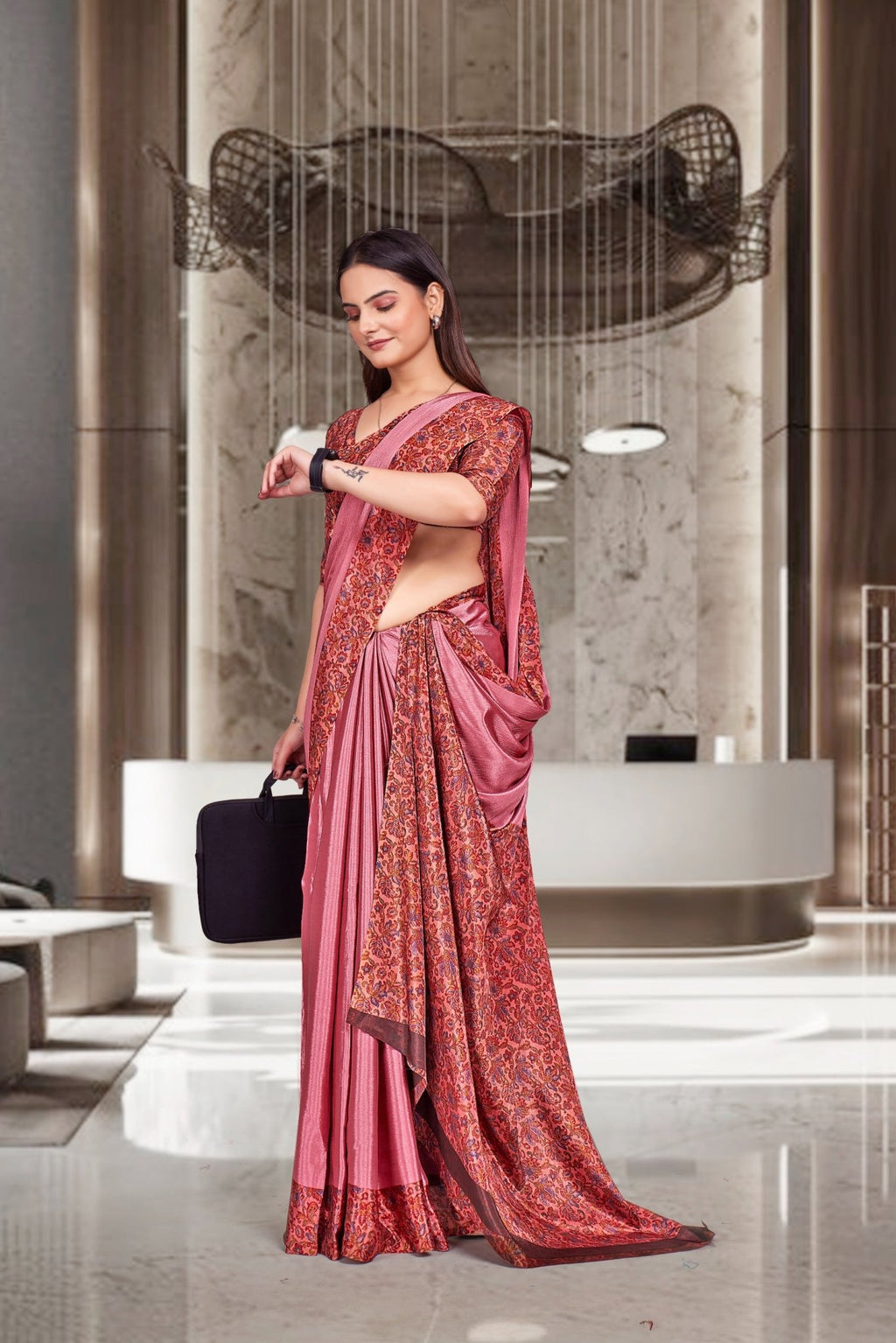 Pink Crepe Professional Office Saree - FeministaCrepe