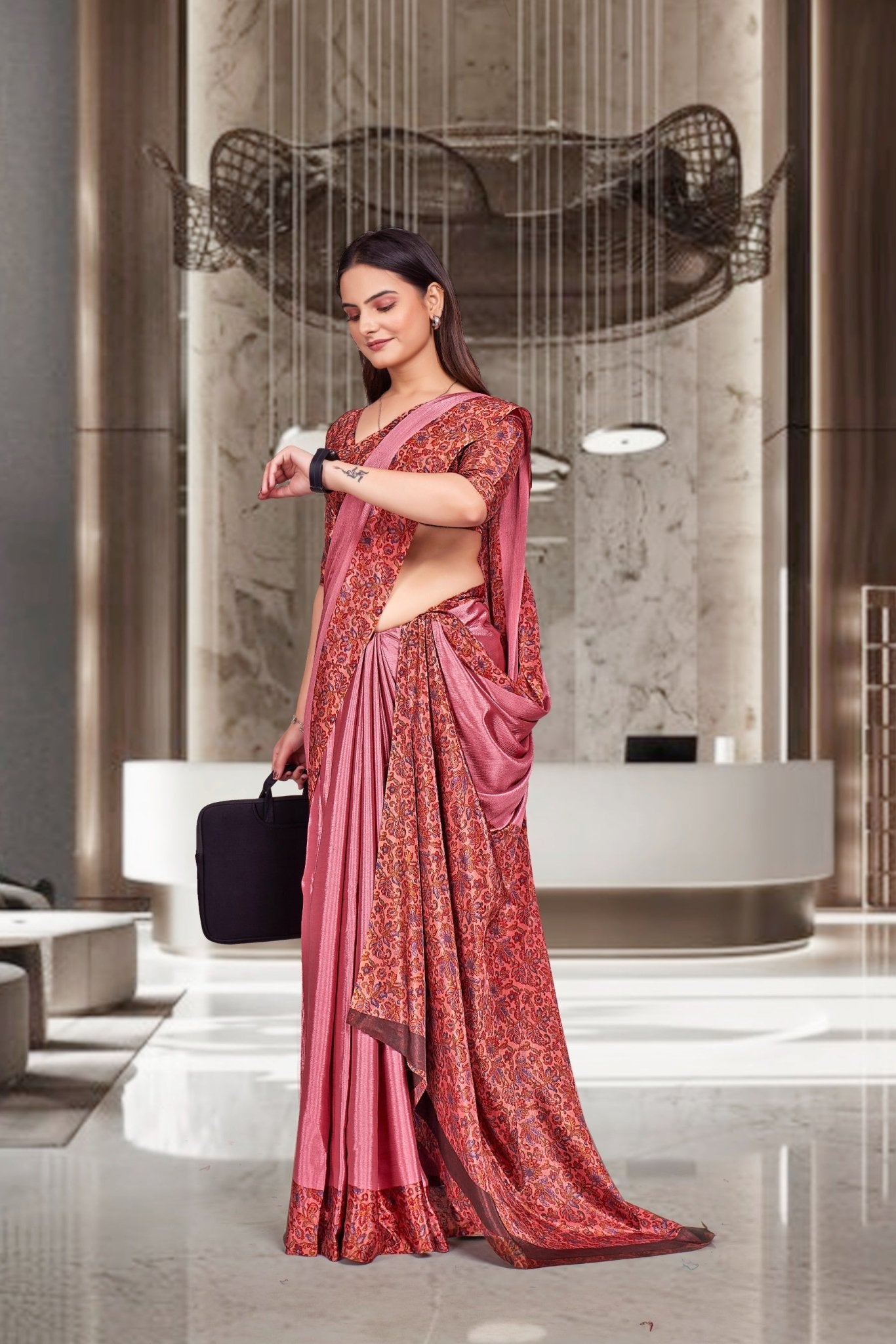 Pink Crepe Professional Office Saree - FeministaCrepe