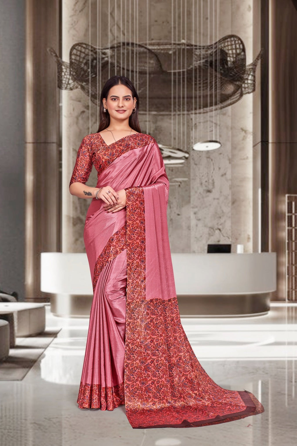Pink Crepe Professional Office Saree - FeministaCrepe