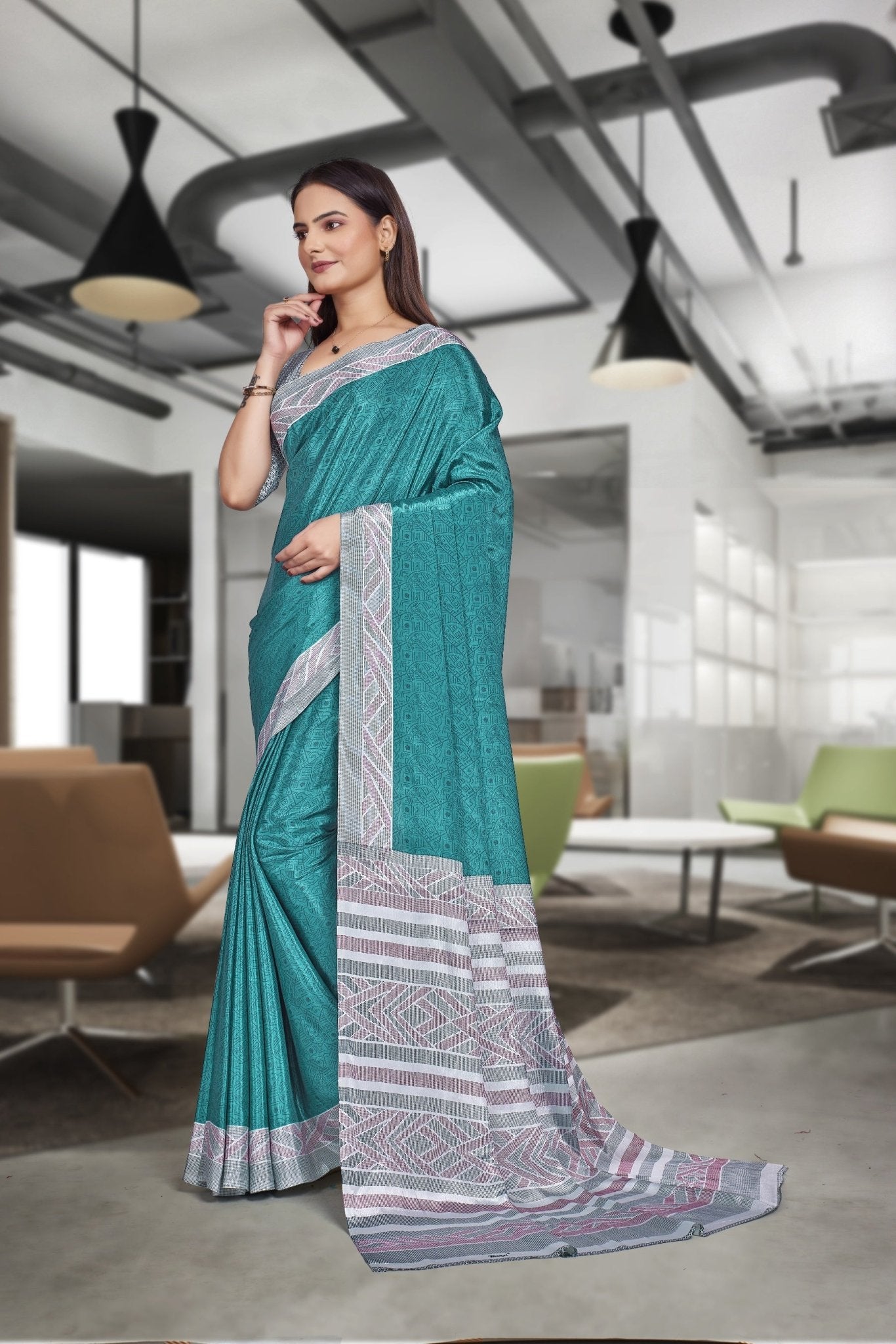 Blue Crepe Professional Teacher Saree - FeministaCrepe