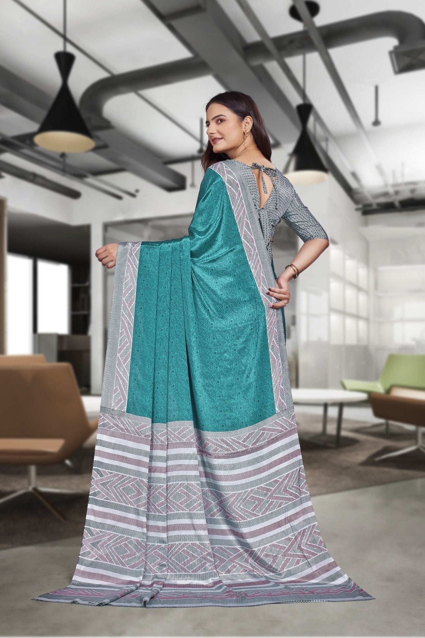 Blue Crepe Professional Teacher Saree - FeministaCrepe