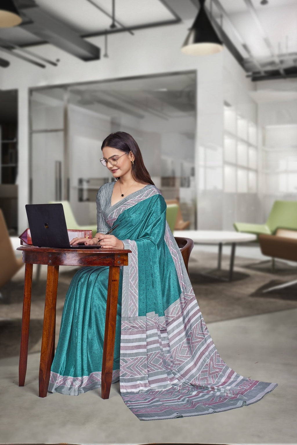 Blue Crepe Professional Teacher Saree - FeministaCrepe
