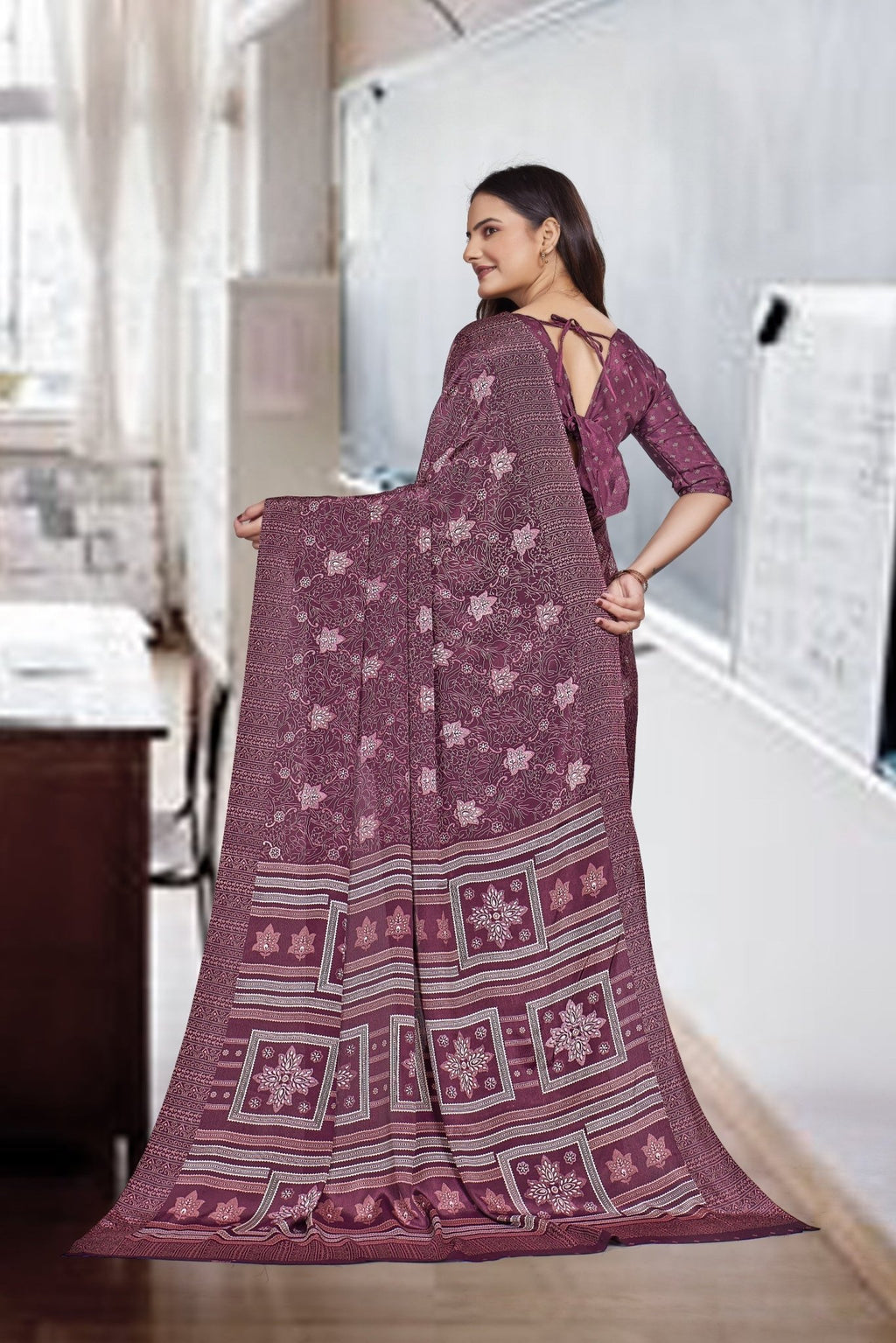 Purple Crepe Professional Office Saree - FeministaCrepe