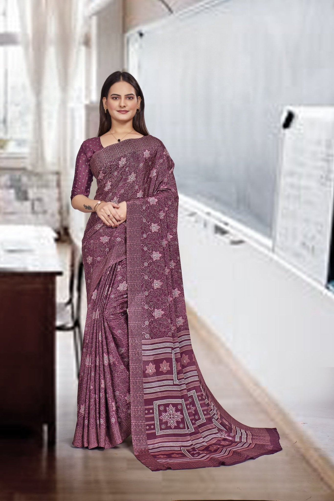 Purple Crepe Professional Office Saree - FeministaCrepe