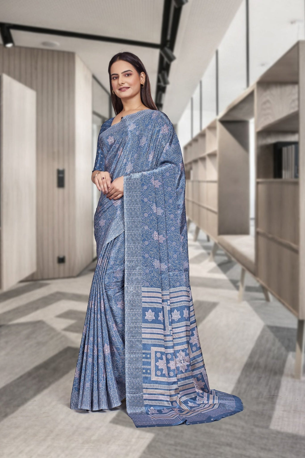 Blue Crepe Reception Staff Uniform Saree - FeministaCrepe