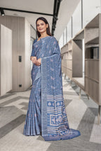 Blue Crepe Reception Staff Uniform Saree - FeministaCrepe