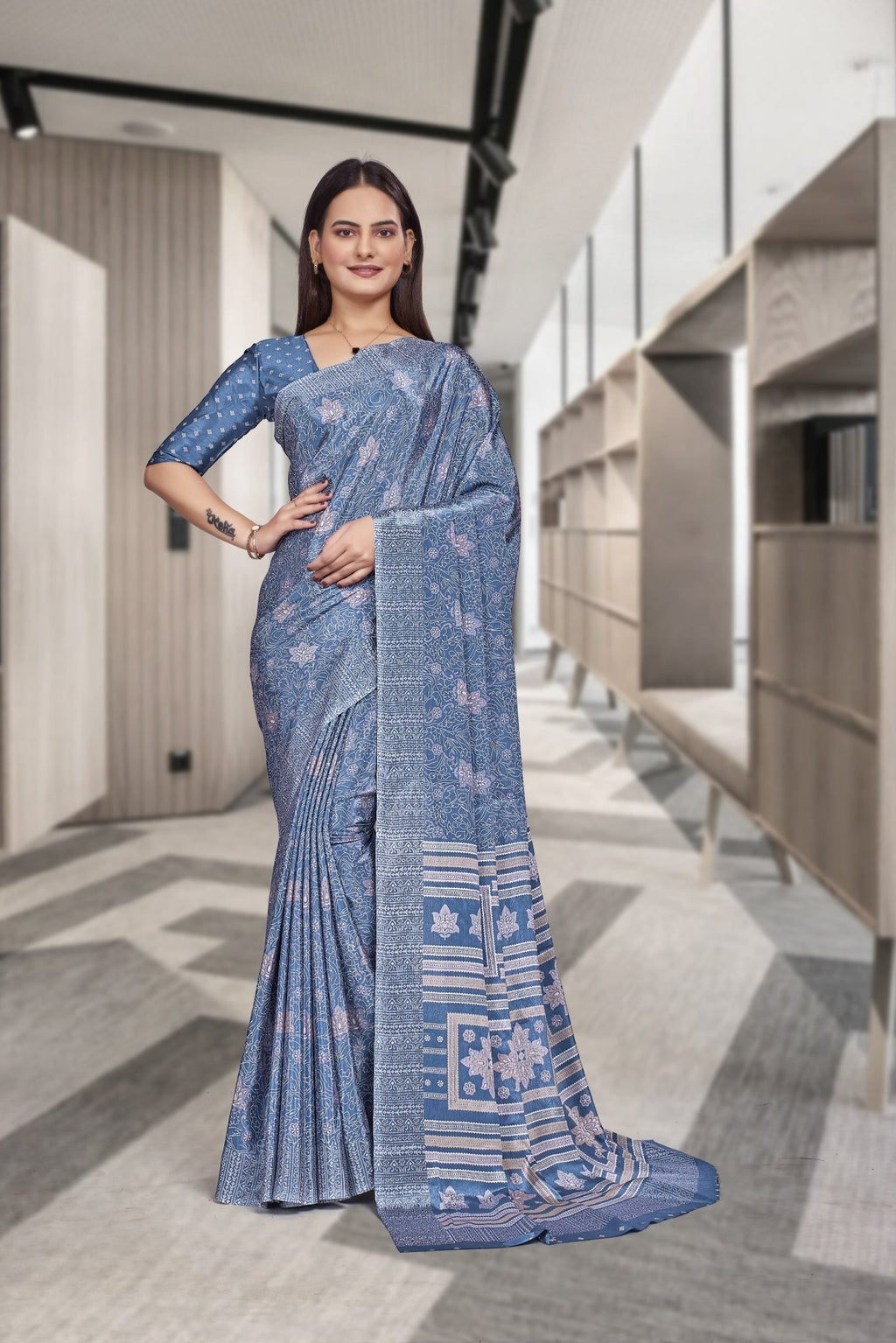 Blue Crepe Reception Staff Uniform Saree - FeministaCrepe